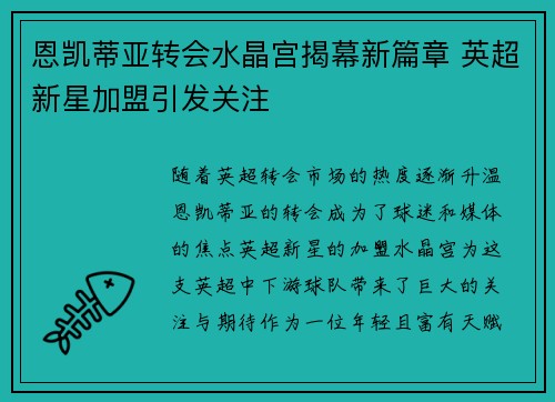 恩凯蒂亚转会水晶宫揭幕新篇章 英超新星加盟引发关注